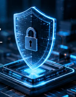 Glowing digital shield and lock representing cyber protection